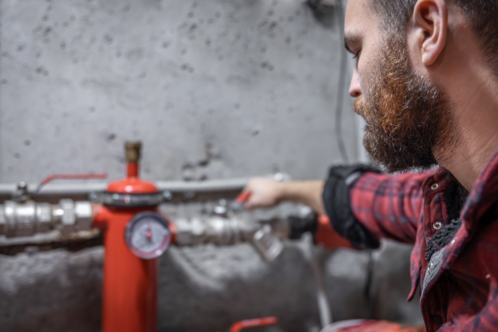 Man adjusting a valve on industrial equipment.