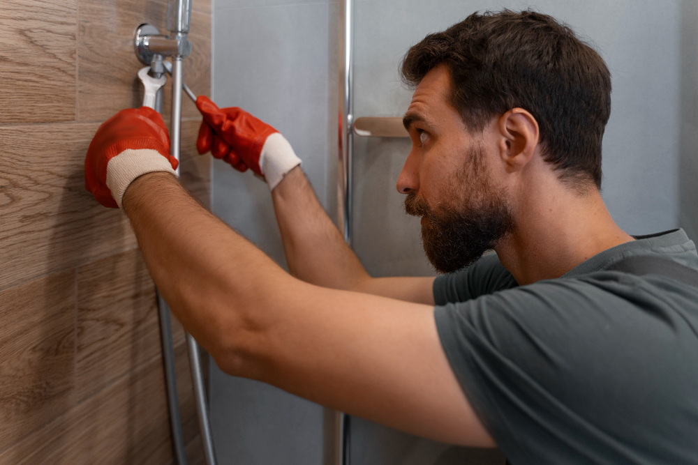 A man fixing plumbing pipes with tools in a bathroom.
