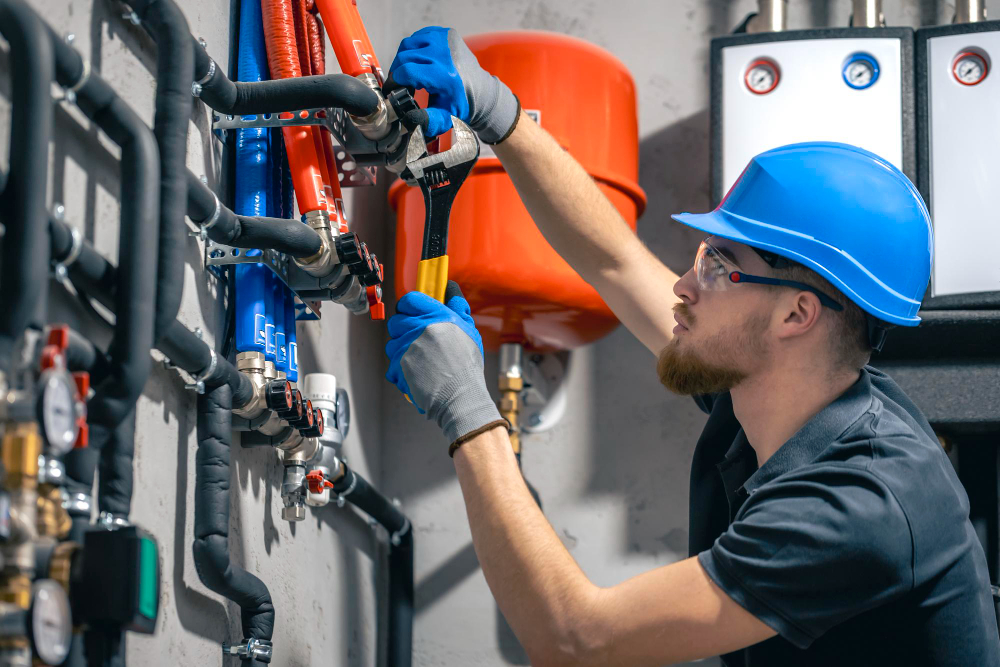 Plumber fixing pipes with a wrench in an industrial setting.