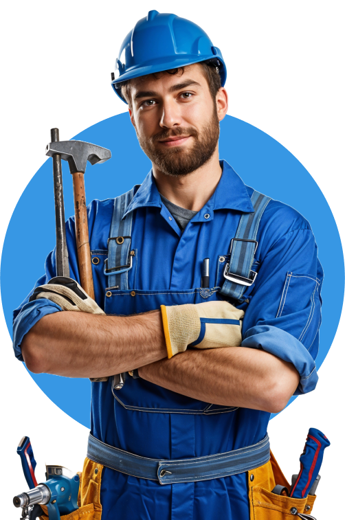 Confident handyman in blue overalls holding tools and a hammer.